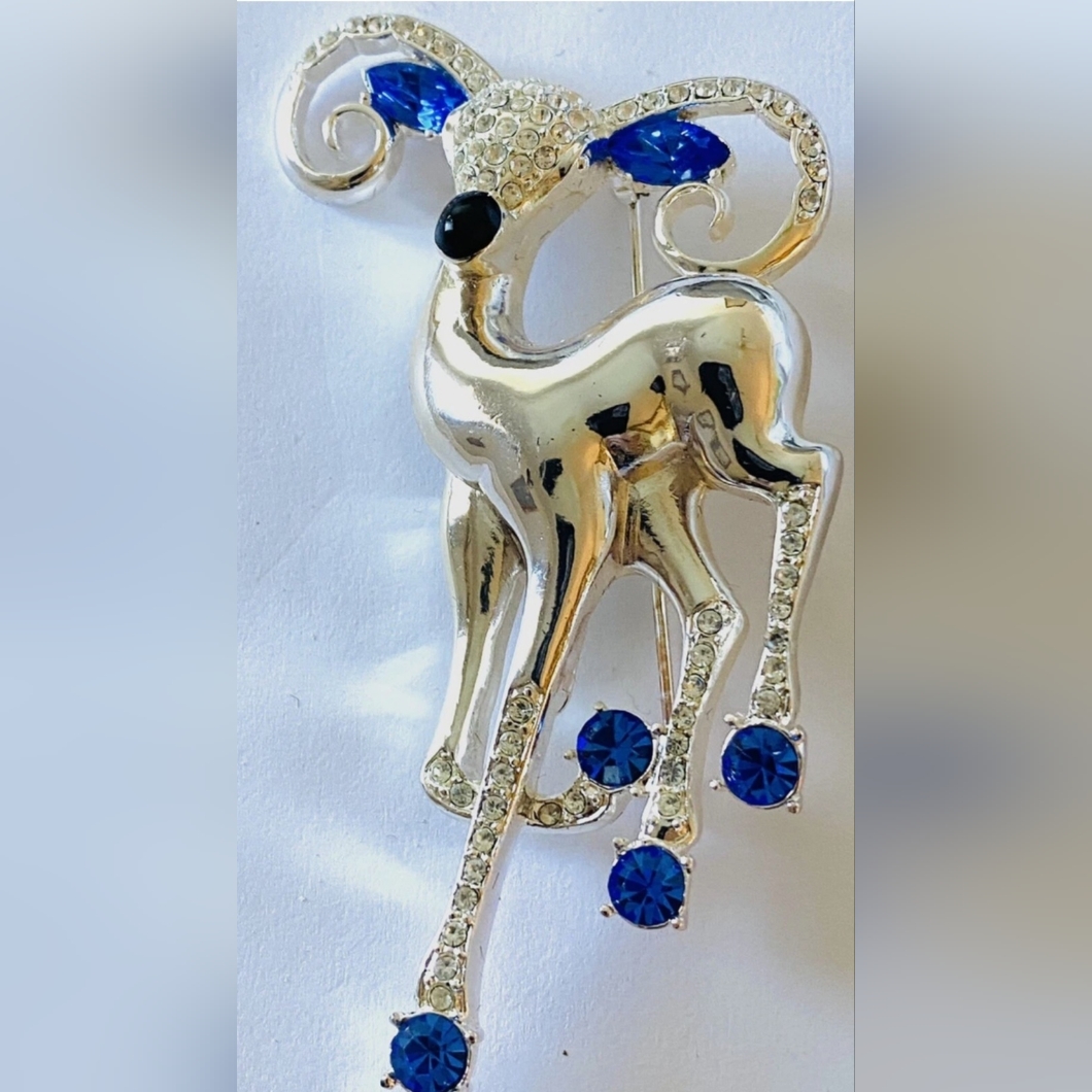 Eisenberg Ice Ram With Sapphire Blue Rhinestones Brooch Pin Script Signed